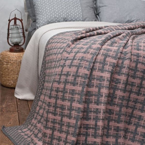 Ekose Desenli Örgü Battaniye Antrasit - Pudra