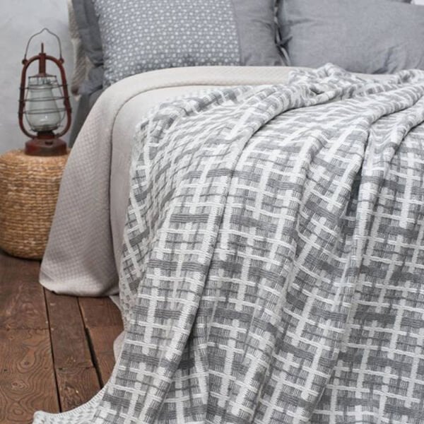 Ekose Desenli Örgü Battaniye Ekru - Gri