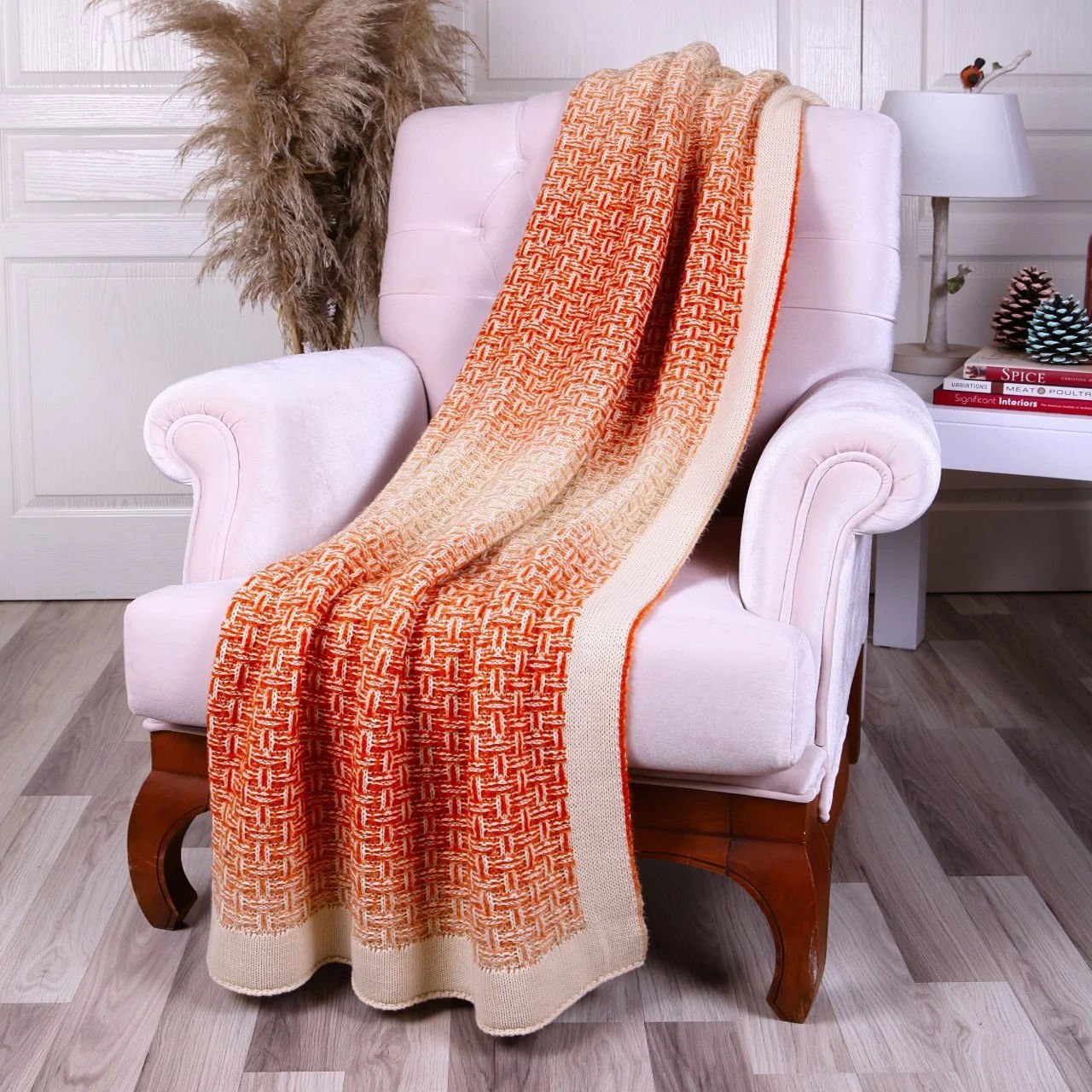 TA15009 Örgü Koltuk Şalı Bej - Oranj