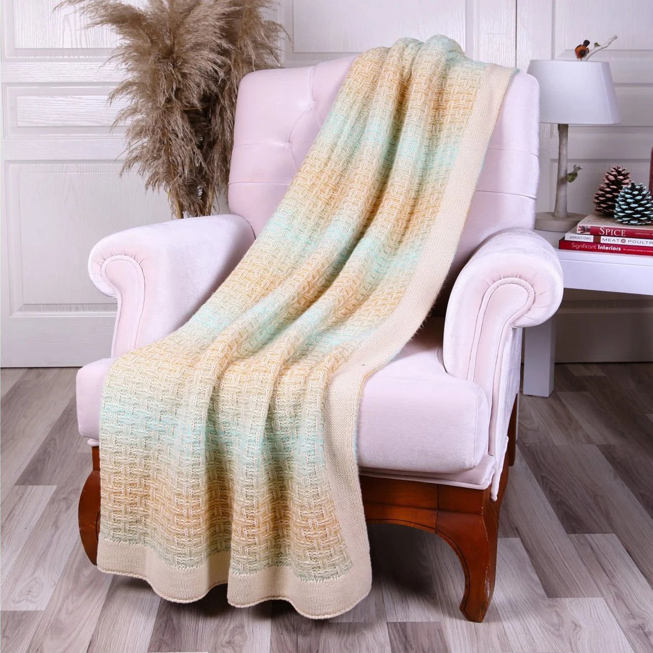 TA15009 Örgü Koltuk Şalı Bej - Yeşil