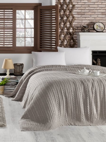 Ca18003 Örgü Battaniye Koyu Bej